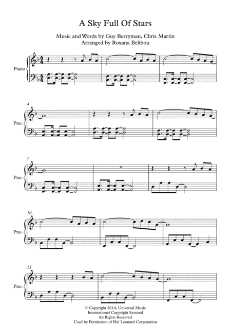 A Sky Full Of Stars D Minor By Coldplay Piano Sheet Music