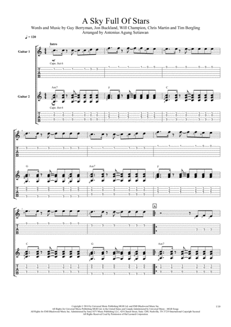 A Sky Full Of Stars Duet Guitar Tablature Sheet Music