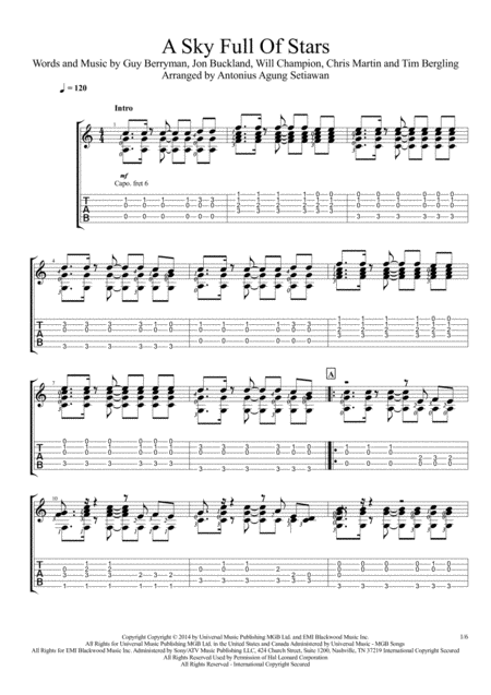 A Sky Full Of Stars Solo Guitar Tablature Sheet Music