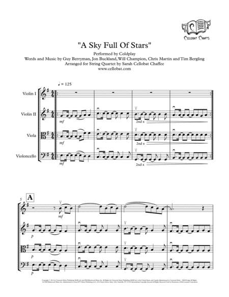 Free Sheet Music A Sky Full Of Stars String Quartet Coldplay Arr Cellobat Recording Available