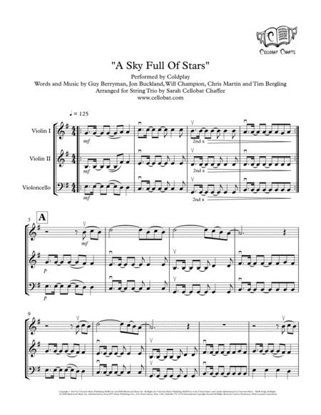 A Sky Full Of Stars String Trio 2 Violins Cello Coldplay Arr Cellobat Sheet Music