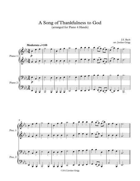 A Song Of Thankfulness To God Arranged For Piano 4 Hands Sheet Music