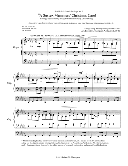 A Sussex Mummers Carol Arranged For Organ From Percy Graingers Piano Setting Sheet Music