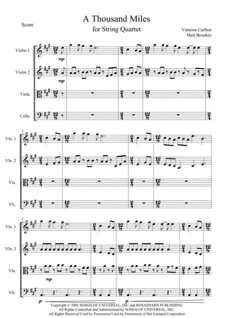 A Thousand Miles For String Quartet Sheet Music