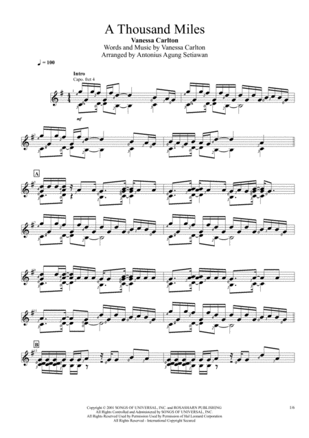 A Thousand Miles Solo Guitar Score Sheet Music