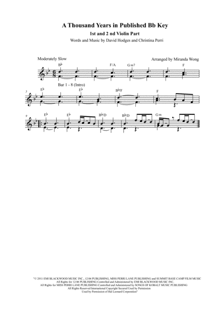 A Thousand Years 2 Violins Piano Cello In Published Bb Key With Chords Sheet Music