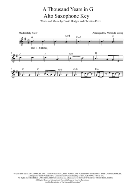 Free Sheet Music A Thousand Years Alto Saxophone And Piano Accompaniment In Published Bb Key