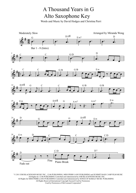 Free Sheet Music A Thousand Years Alto Saxophone Solo In G Key Published Key