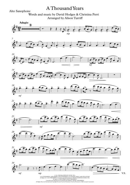 A Thousand Years Alto Saxophone Solo Part Sheet Music