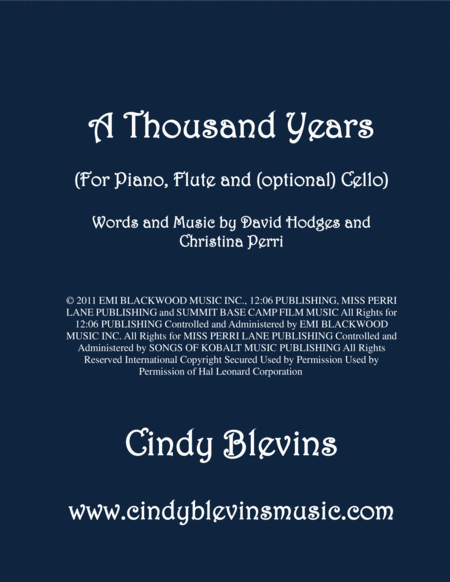 A Thousand Years Arranged For Piano Flute And Optional Cello Sheet Music