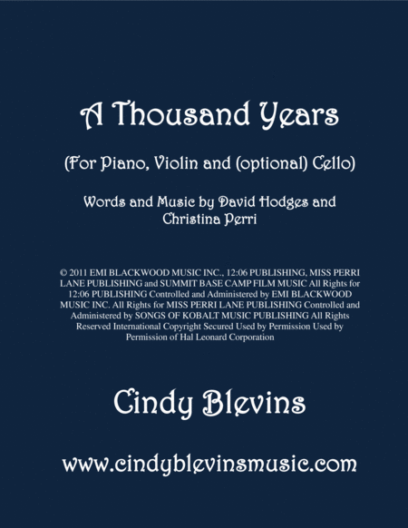 A Thousand Years Arranged For Piano Violin And Optional Cello Sheet Music