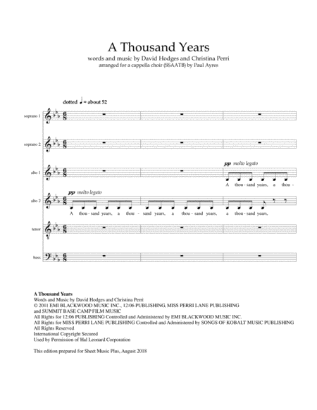 Free Sheet Music A Thousand Years Arranged For Unaccompanied Choir Ssaatb