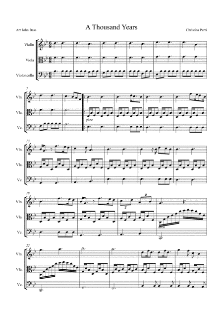 A Thousand Years By Christina Perri Arranged For String Trio Violin Viola Cello Sheet Music