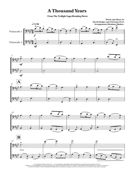 A Thousand Years By Christina Perri Cello Duet Sheet Music