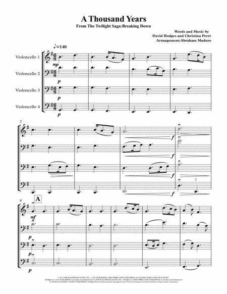 A Thousand Years By Christina Perri Cello Quartet Sheet Music