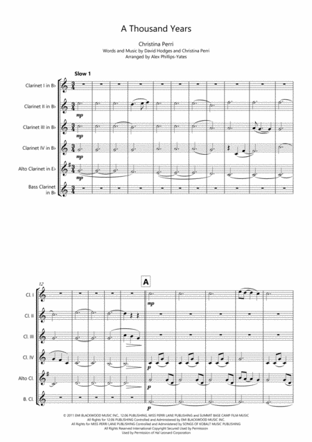 A Thousand Years By Christina Perri Clarinet Choir Or Clarinet Sextet 4 Clarinets In Bb Alto Clarinet In Eb Or 5th Clarinet In Bb Bass Clarinet In Bb Sheet Music