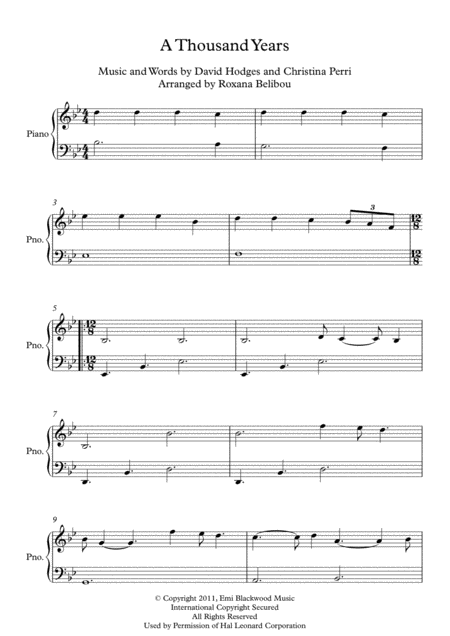 A Thousand Years By Christina Perri Easy Piano Sheet Music