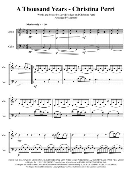 A Thousand Years Christina Perri Arranged For String Duet Sheet Music