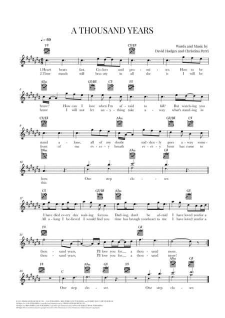 A Thousand Years Christina Perri Guitar Lead Sheet C Sharp Major Sheet Music