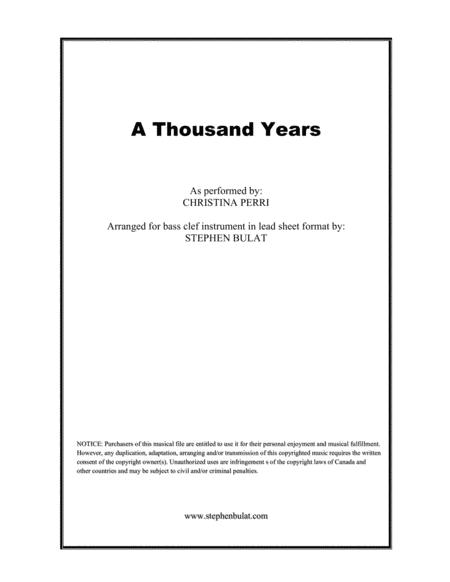 A Thousand Years Christina Perri Lead Sheet In Bass Clef For Cello Bassoon Trombone Or Bass Guitar Original Key Of Bb Sheet Music