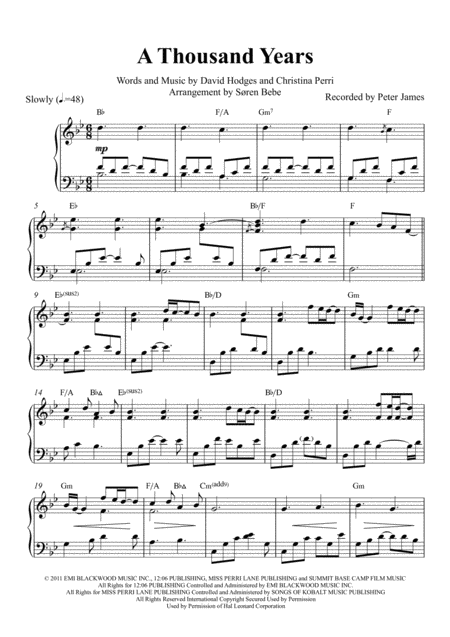 A Thousand Years Christina Perri Piano Solo Sheet Music