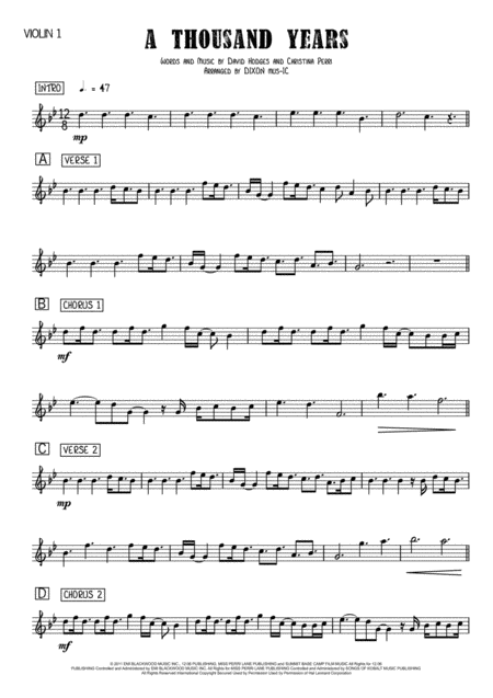 A Thousand Years Christina Perry String Quartet Sheet Music