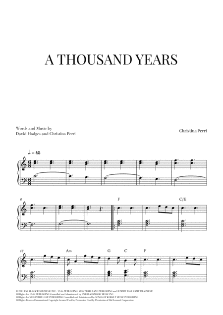Free Sheet Music A Thousand Years Easy Piano C Major