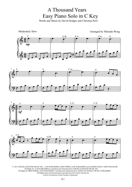 A Thousand Years Easy Piano Solo In C Key Sheet Music