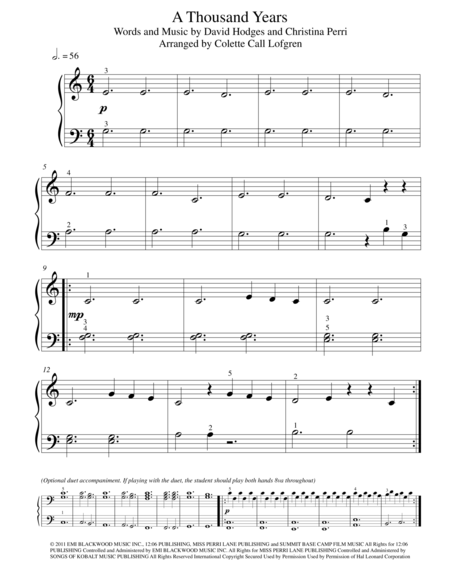 A Thousand Years Easy Piano Solo In C Maj With Optional Duet Sheet Music