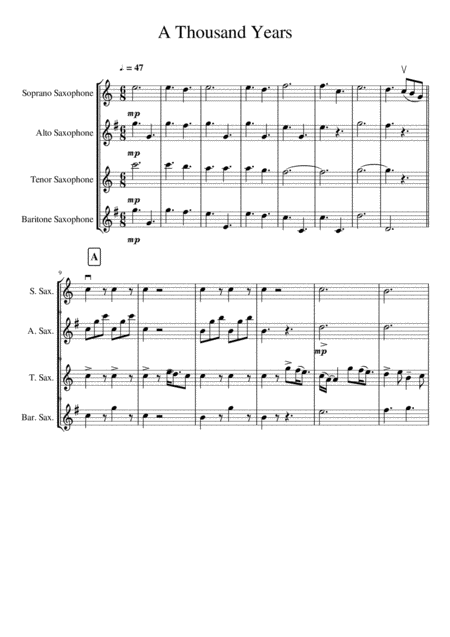 Free Sheet Music A Thousand Years For Saxophone Quartet Satb