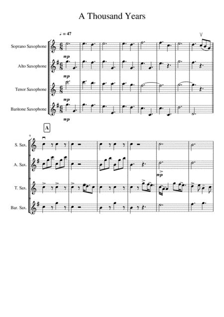 A Thousand Years For Saxophone Quartet Satb Sheet Music