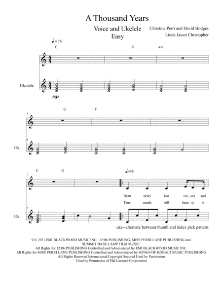 A Thousand Years For Voice And Ukelele Sheet Music