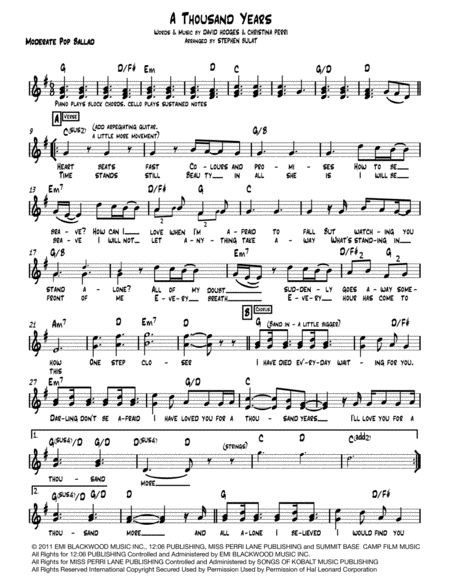 Free Sheet Music A Thousand Years Lead Sheet Melody Lyrics Chords In Key Of G