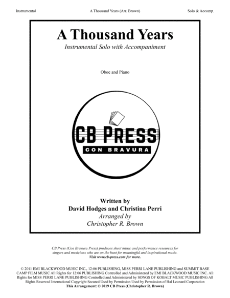 A Thousand Years Oboe Solo With Piano Accompaniment Sheet Music