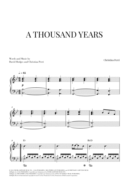 A Thousand Years Piano Solo Intermediate Advanced Sheet Music