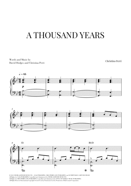 Free Sheet Music A Thousand Years Piano Solo Intermediate