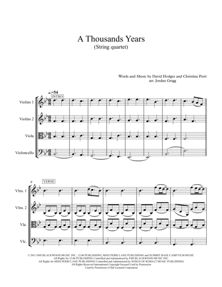 A Thousand Years String Quartet Sheet Music