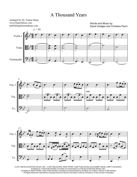 A Thousand Years String Trio Vn Va C Sheet Music