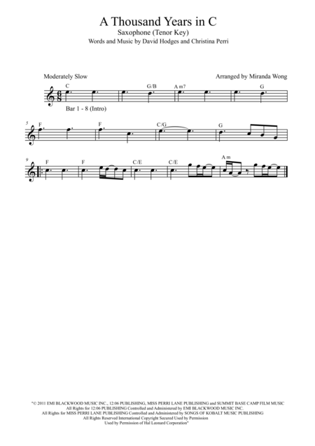 A Thousand Years Tenor Or Soprano Saxophone Solo Published Key Sheet Music