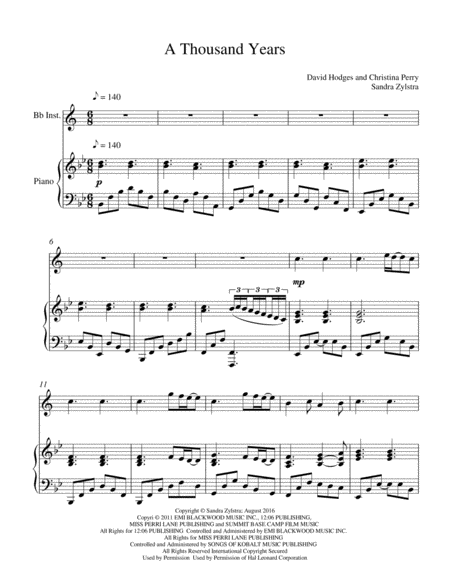 Free Sheet Music A Thousand Years Treble Bb Instrument Solo