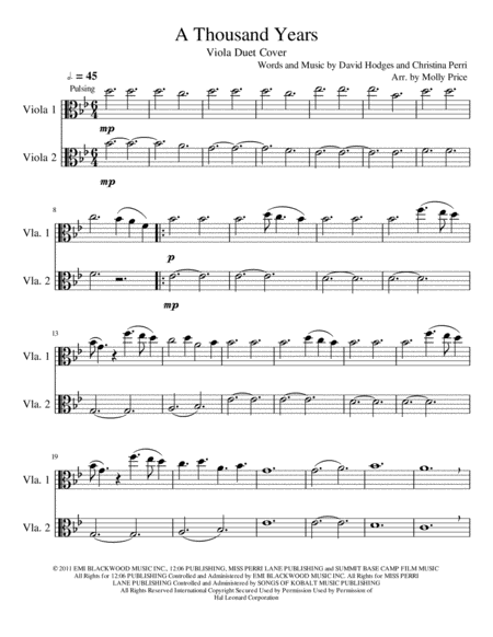 A Thousand Years Viola Duet Sheet Music