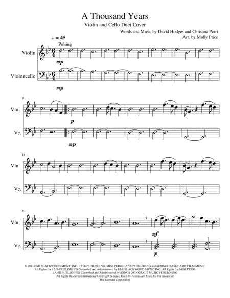 Free Sheet Music A Thousand Years Violin And Cello Duet