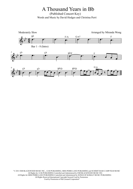 A Thousand Years Violin And Piano In Published Bb Key Sheet Music