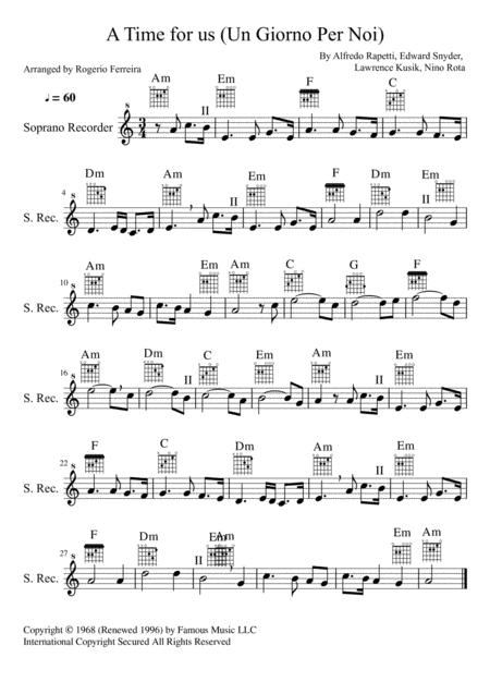 Free Sheet Music A Time For Us Un Giorno Per Noi Soprano Recorder And Guitar Chords Only