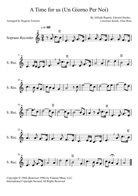 Free Sheet Music A Time For Us Un Giorno Per Noi Soprano Recorder