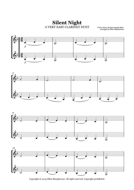 A Very Easy Christmas Carol For Clarinet Duet Silent Night Sheet Music