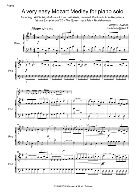 Free Sheet Music A Very Easy Mozart Medley For Piano Solo