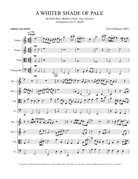 A Whiter Shade Of Pale Procol Harum String Quartet Sheet Music