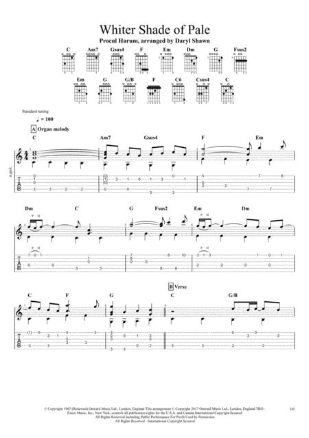 Free Sheet Music A Whiter Shade Of Pale Procul Harum For Solo Fingerstyle Guitar