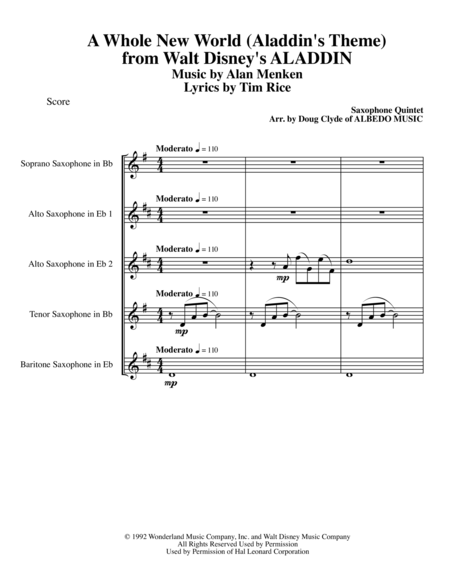 A Whole New World Aladdins Theme From Walt Disneys Aladdin For Saxophone Quintet Sheet Music